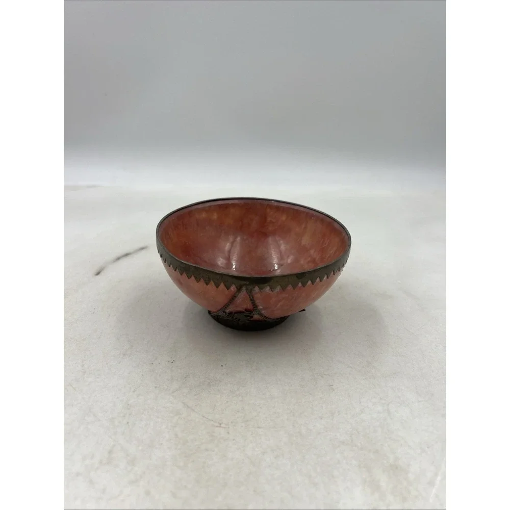 Antique Chinese Pink Crystal Soapstone Dragon & Phoenix Brass Bowl Home Decor